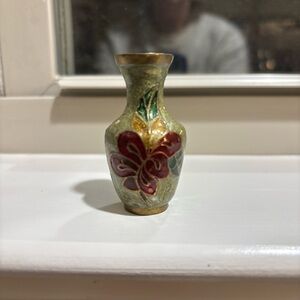 Antique Cloisonne miniature 2.5” doll house Vase, Green, Red, Brass floral